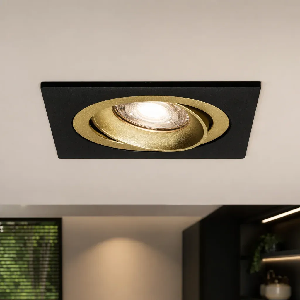 LED GU10 Inbouwspot Armatuur, Vierkant, Kantelbaar, IP20, Mat Zwart + Gold