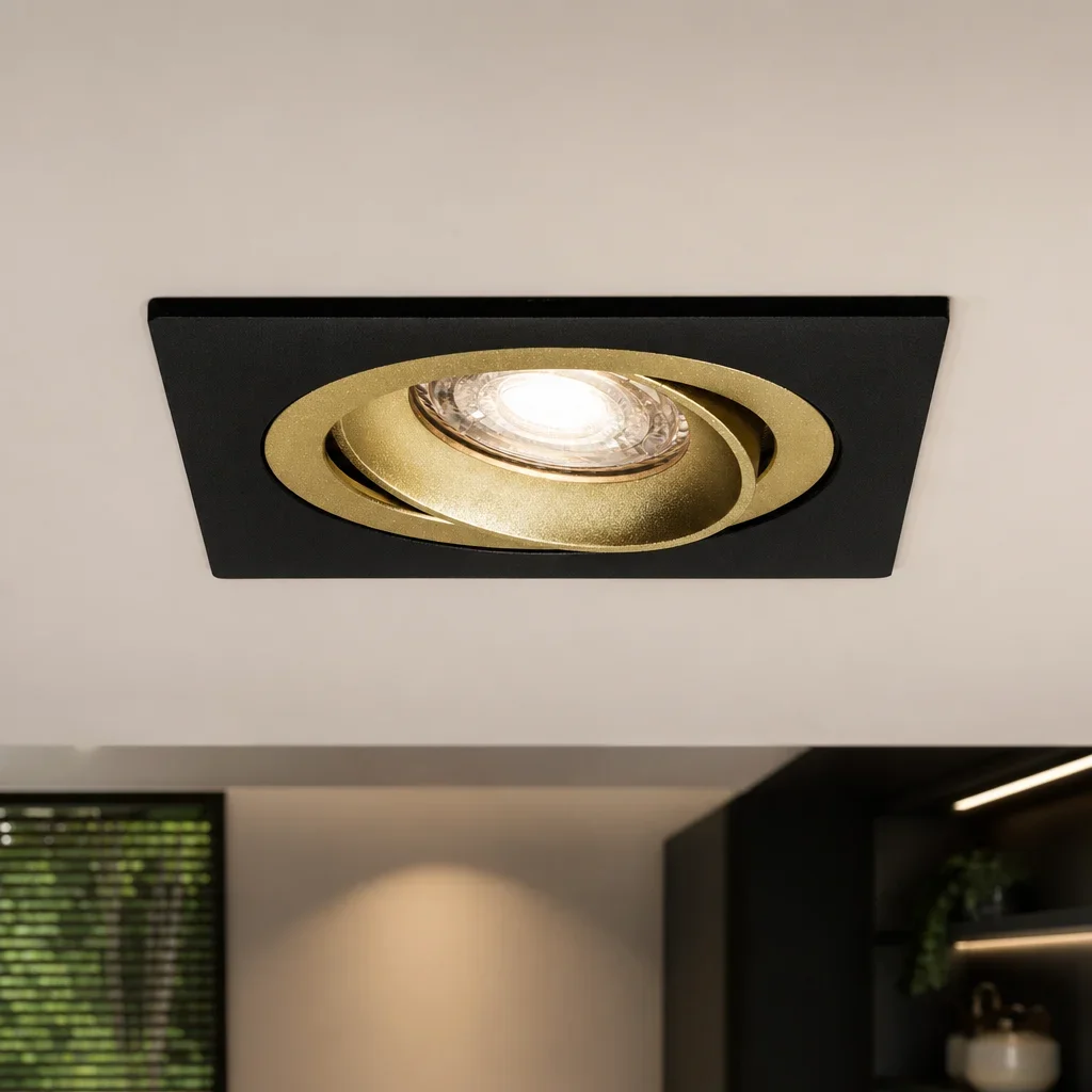 LED GU10 Inbouwspot Armatuur, Vierkant, Kantelbaar, IP20, Mat Zwart + Gold