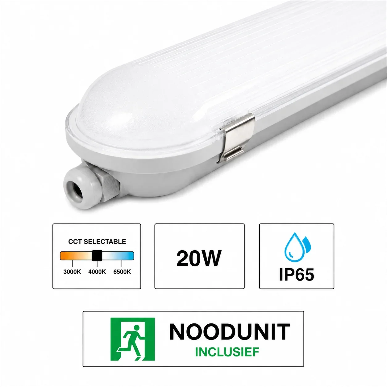 LED Waterdicht Armatuur Pro+ 120 cm, 20W, CCT, IP65, Noodunit