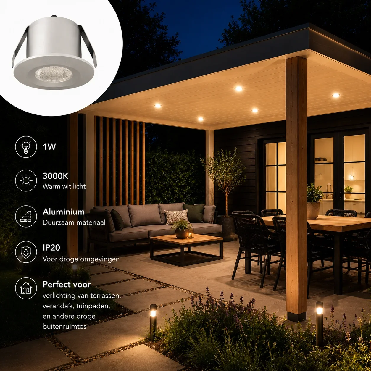 LED Verandaspot, 1W, 3000K, Aluminium
