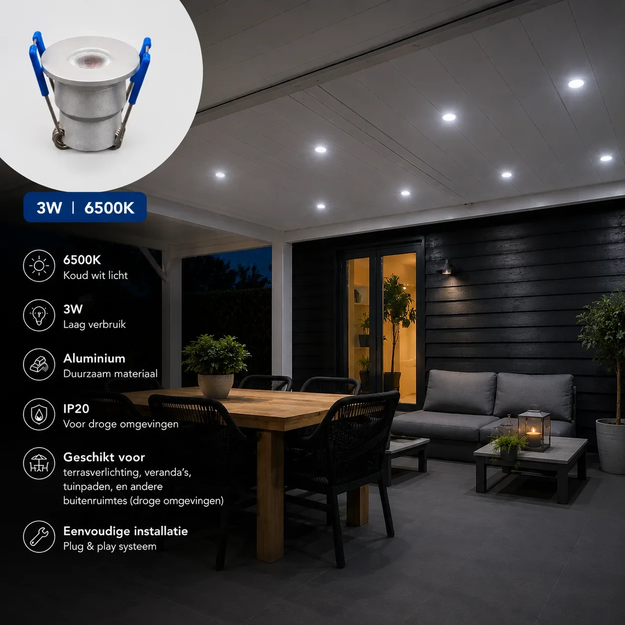 LED Verandaspot, 3W, 6500K, Aluminium