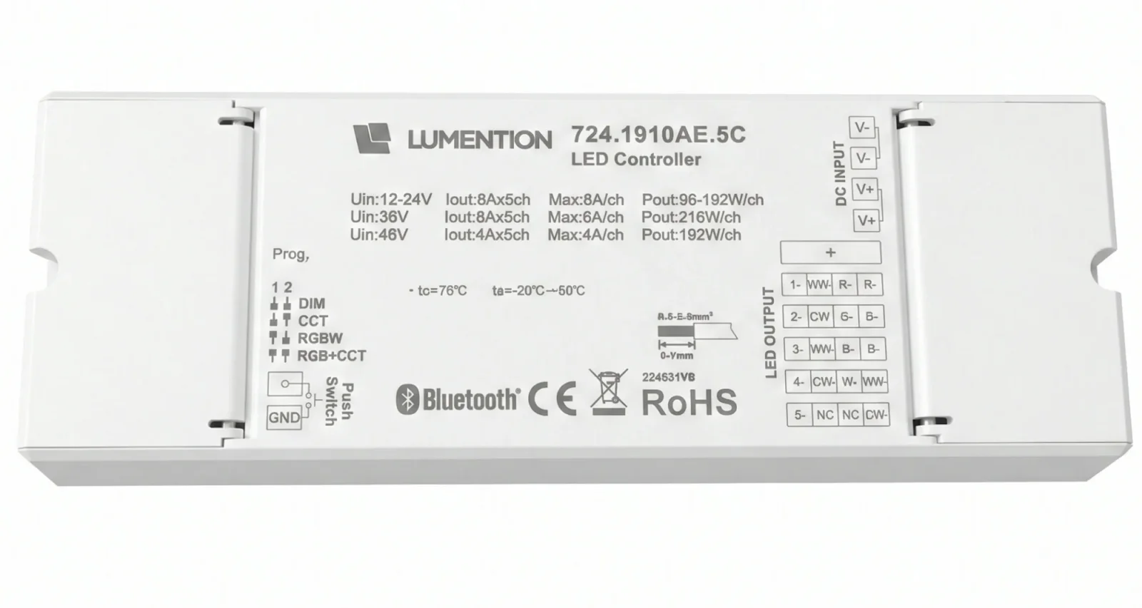 5-in-1 RF Bluetooth LED Controller, 12-48V, 5x8A, 960W
