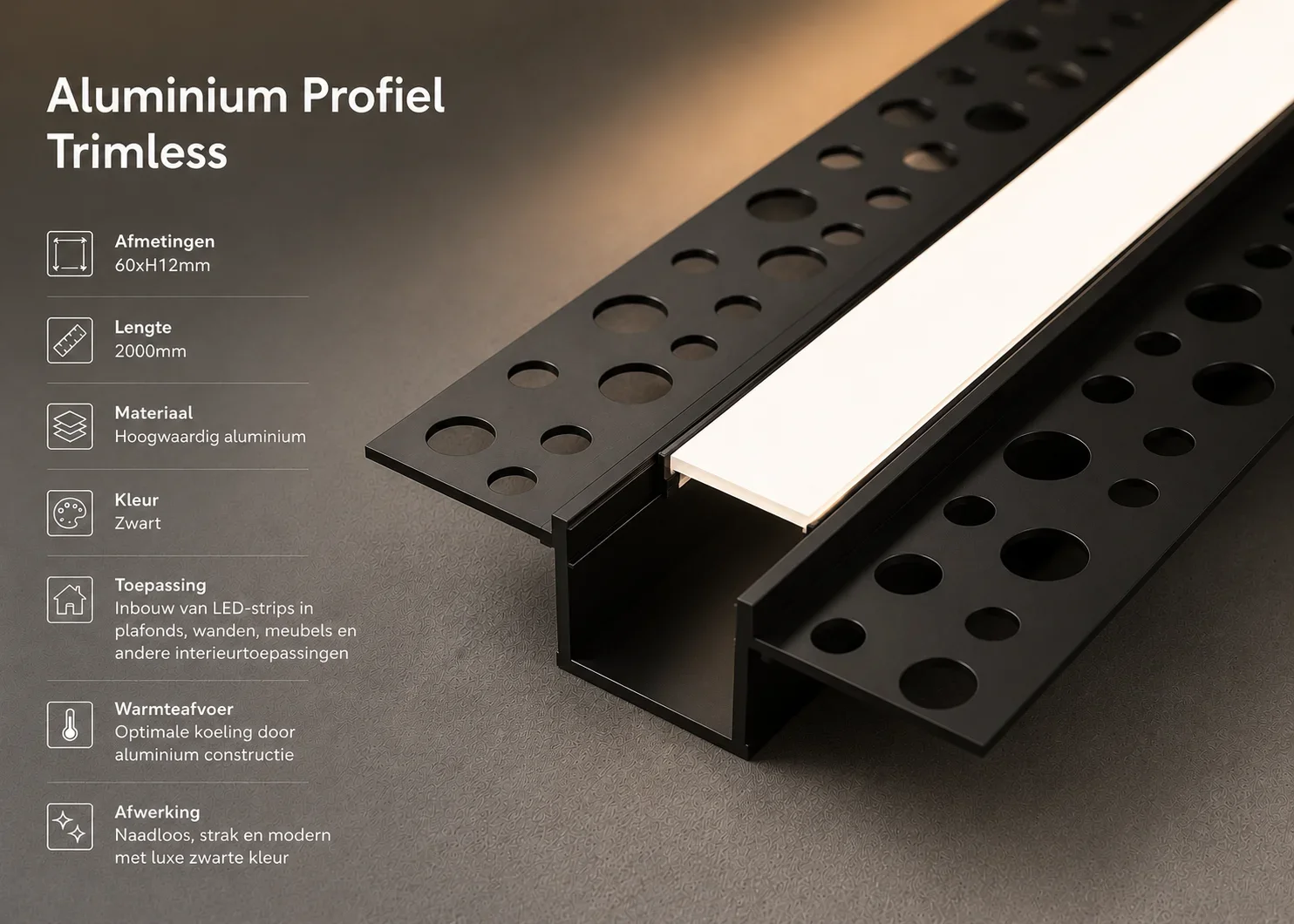 Aluminium Trimless Profiel, 2m, Zwart