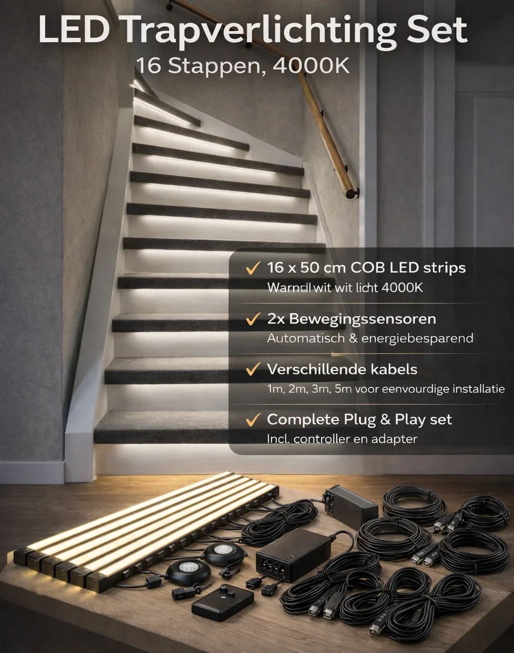 LED Trapverlichting met sensor, 16 Stappen, 4000K - trapset