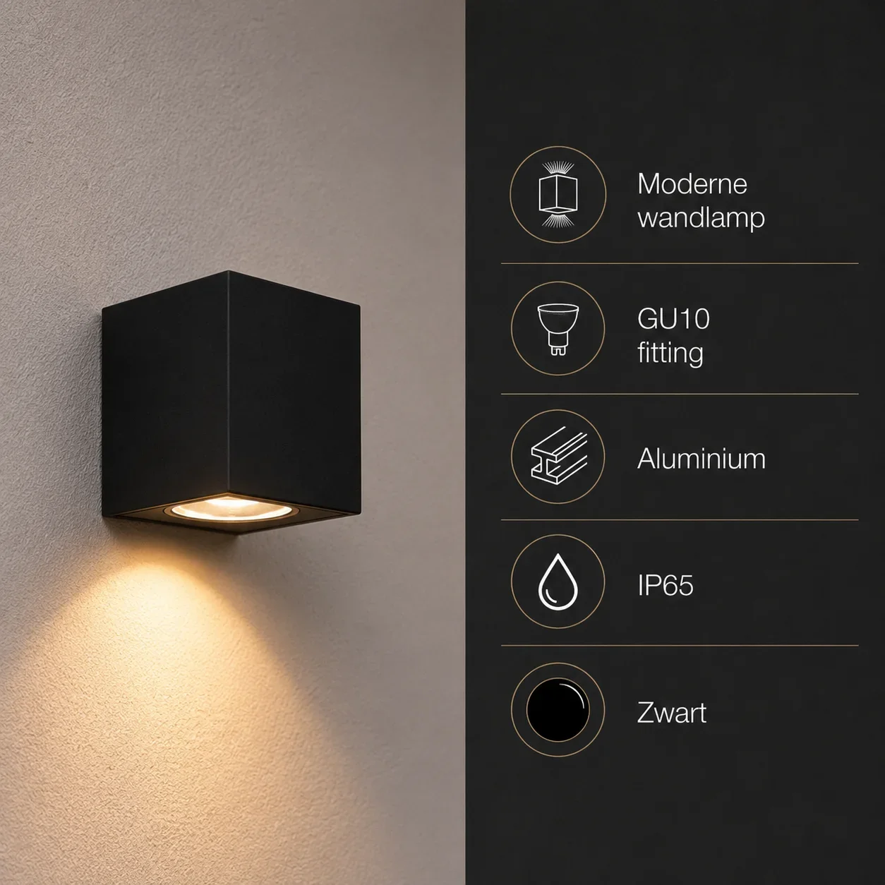 Moderne wandlamp, GU10 fitting, Aluminium, IP65, Zwart