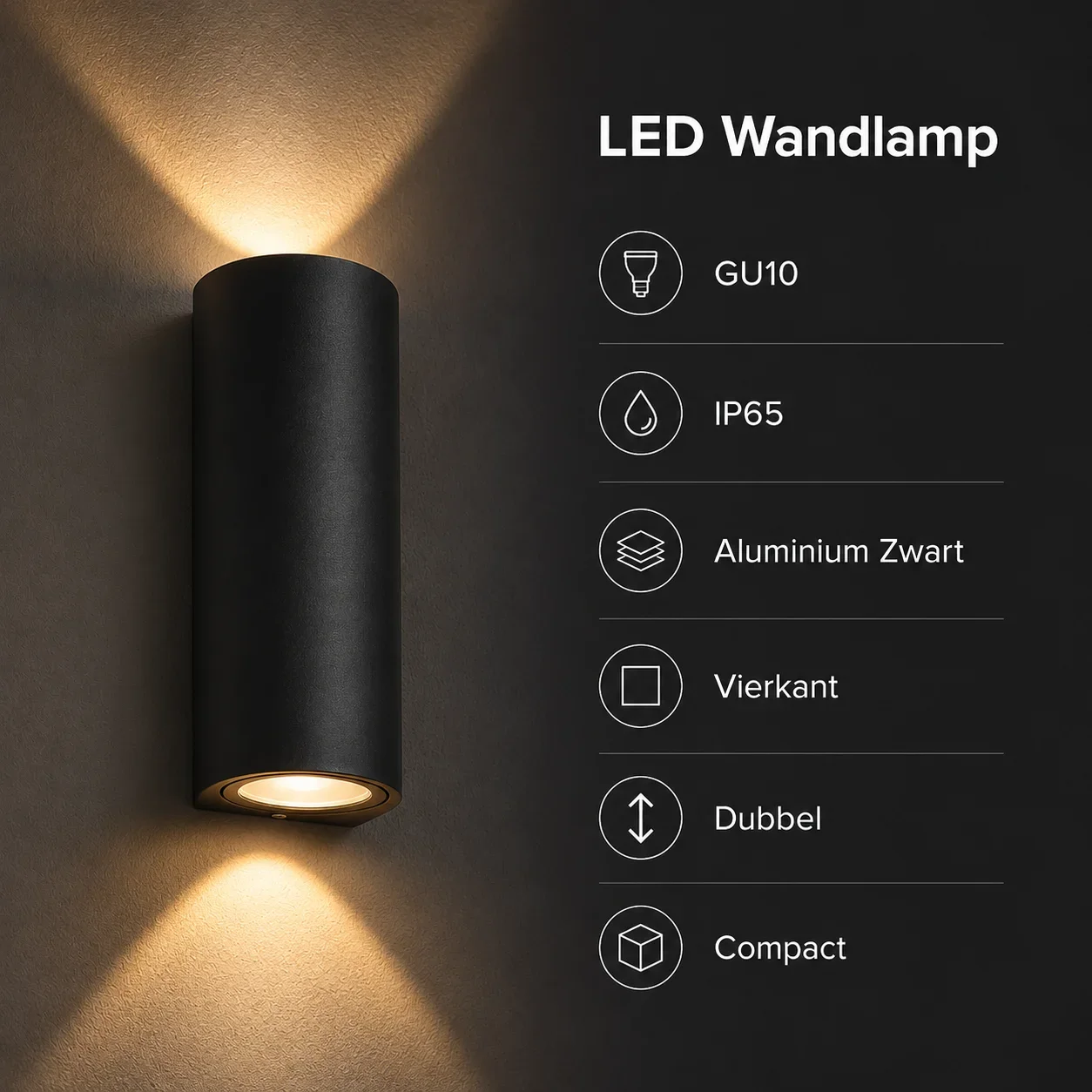 Moderne wandlamp, GU10 fitting, Aluminium, IP65, Zwart