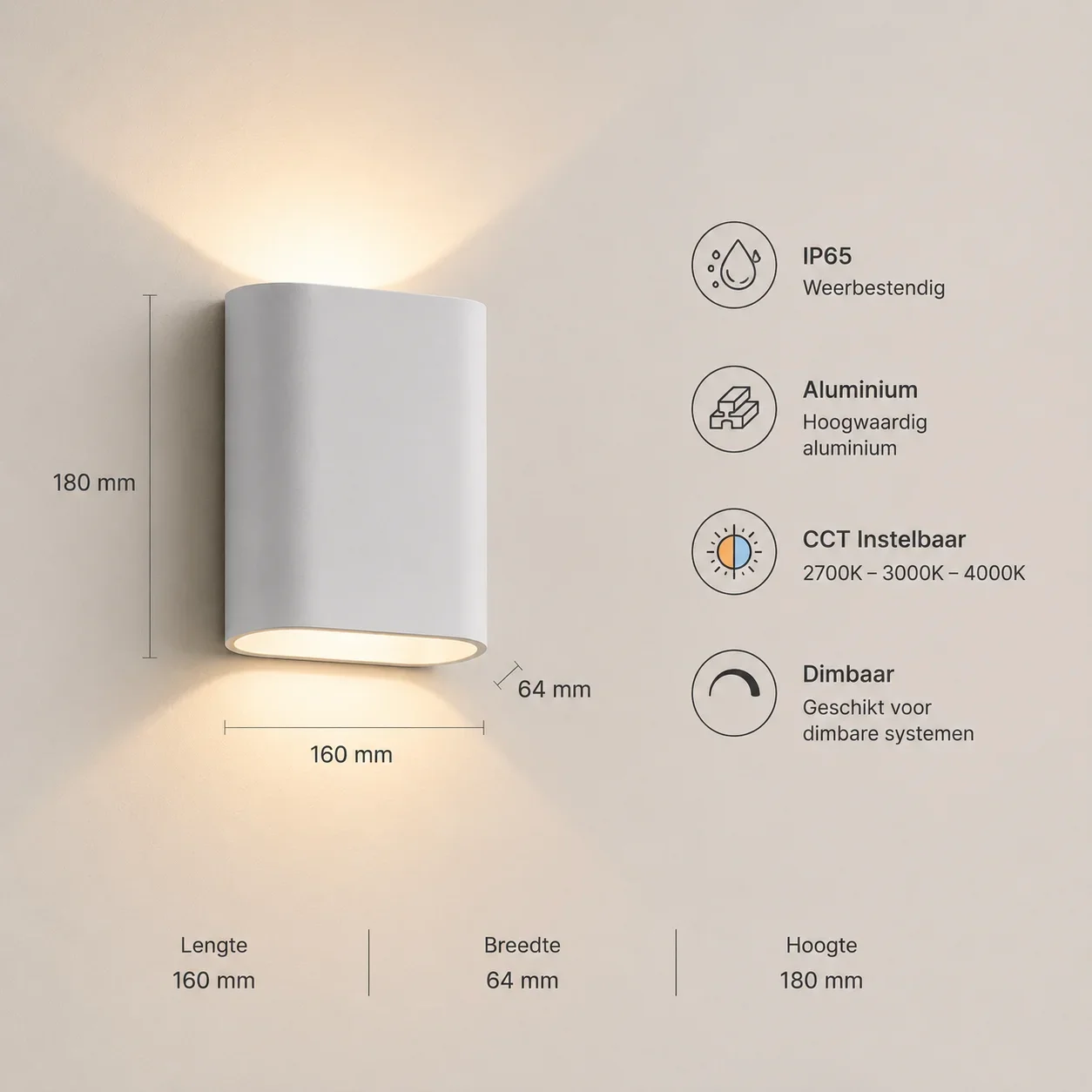 Moderne wandlamp wit, 2x5W, CCT, Aluminium, IP65