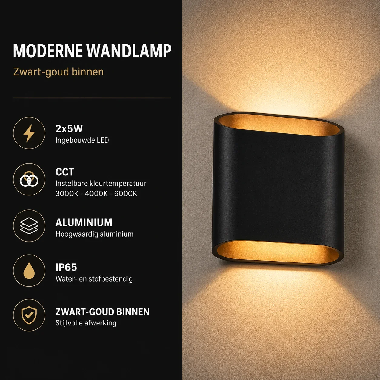 Moderne wandlamp zwart, 2x5W, CCT, Aluminium, IP65, Zwart-goud binnen