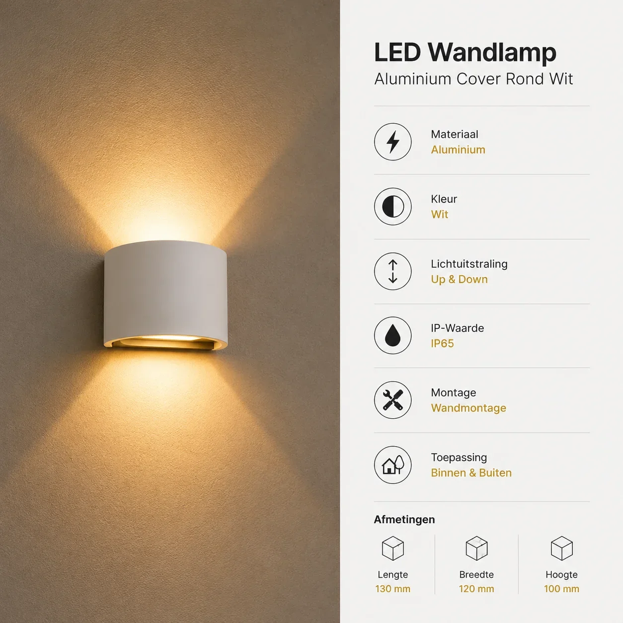 Moderne Ronde Wandlamp, Aluminium, Wit, 135x120mm