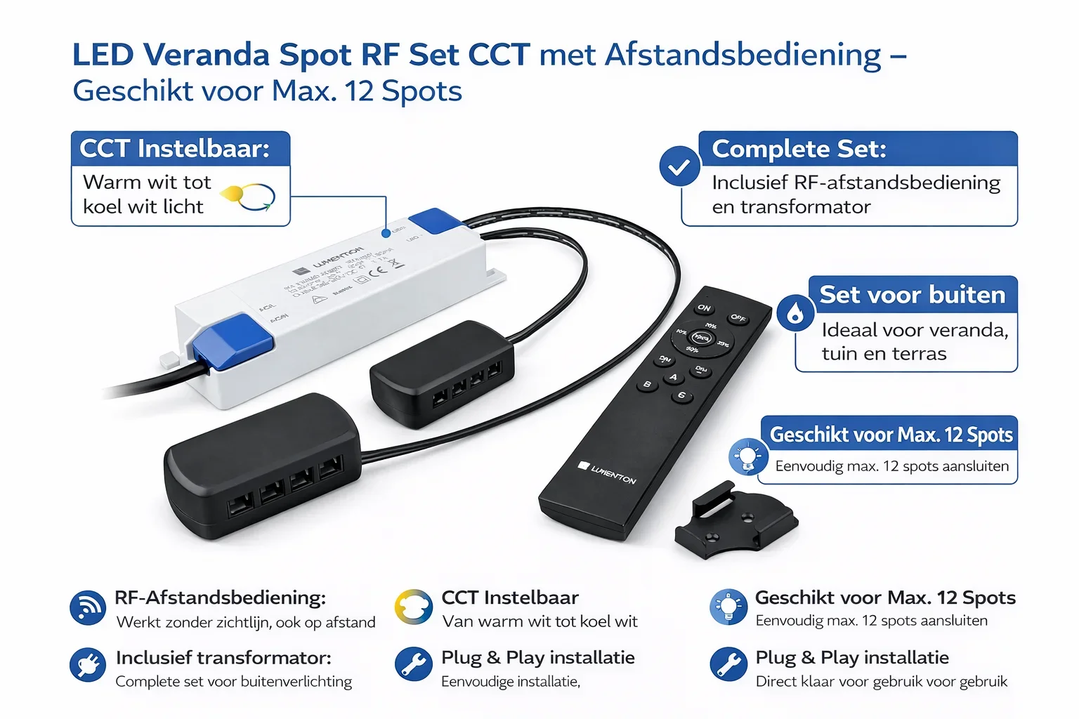 LED CCT Veranda Spot RF Set, Inclusief Afstandsbediening en Transformator max. 12 spot, voor 927.386510.CCT.12