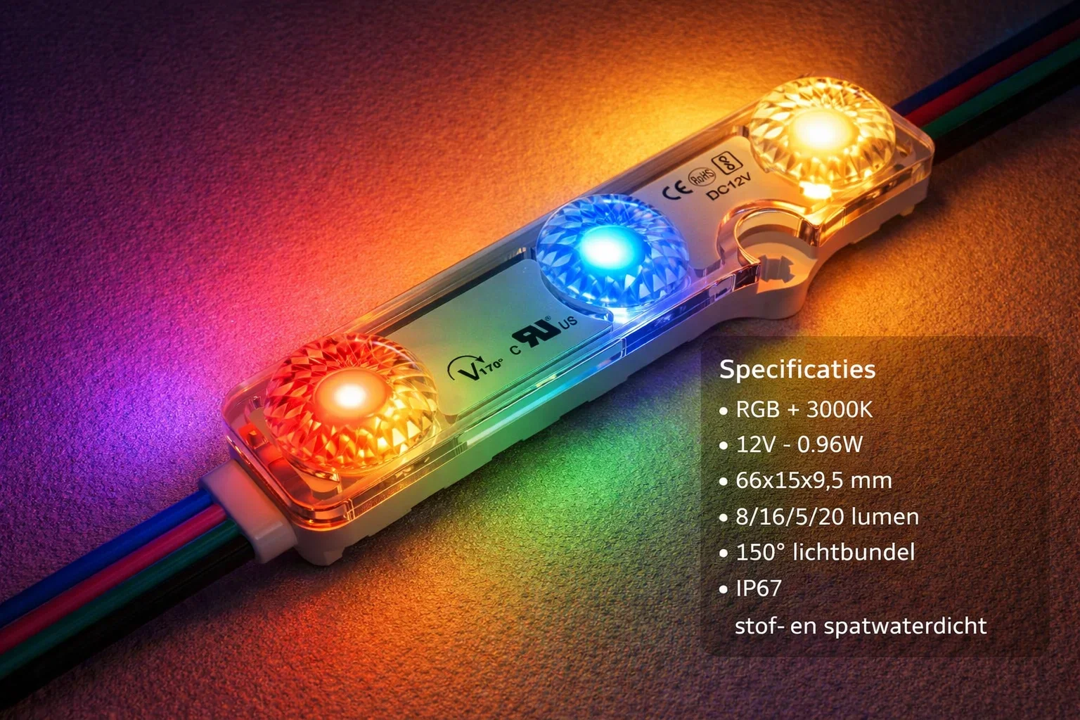 LED module, RGB+3000K, 12V, 150°, IP67, Set van 20 stuks