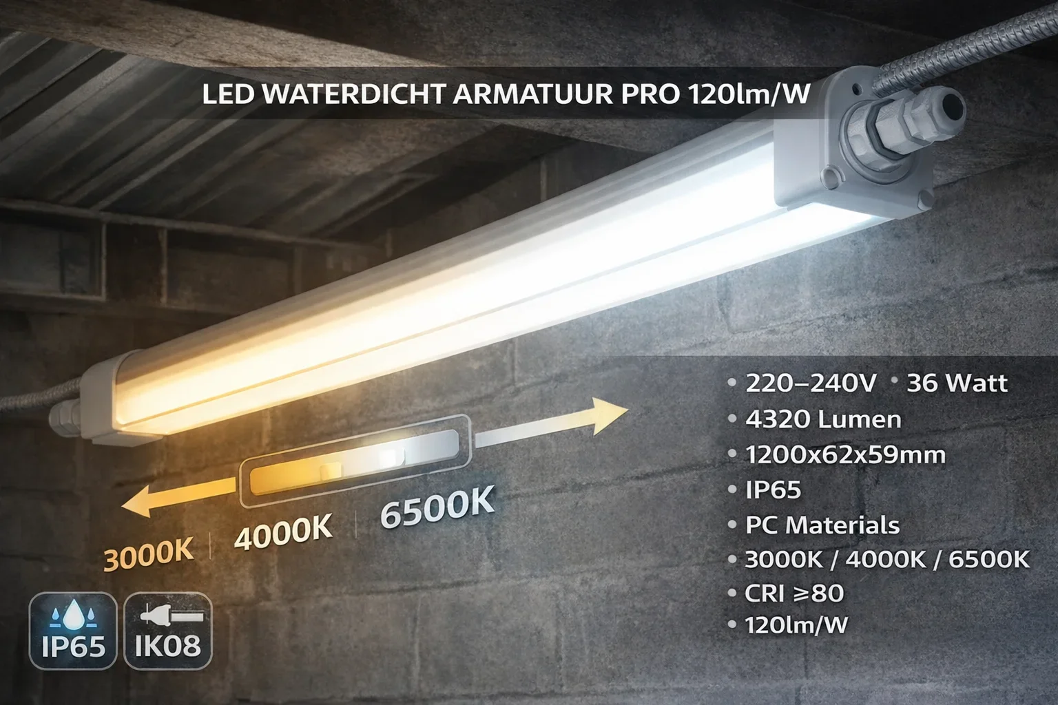 LED armatuur, waterdicht, 120 cm, 36W, 4320lm, CCT, IP65