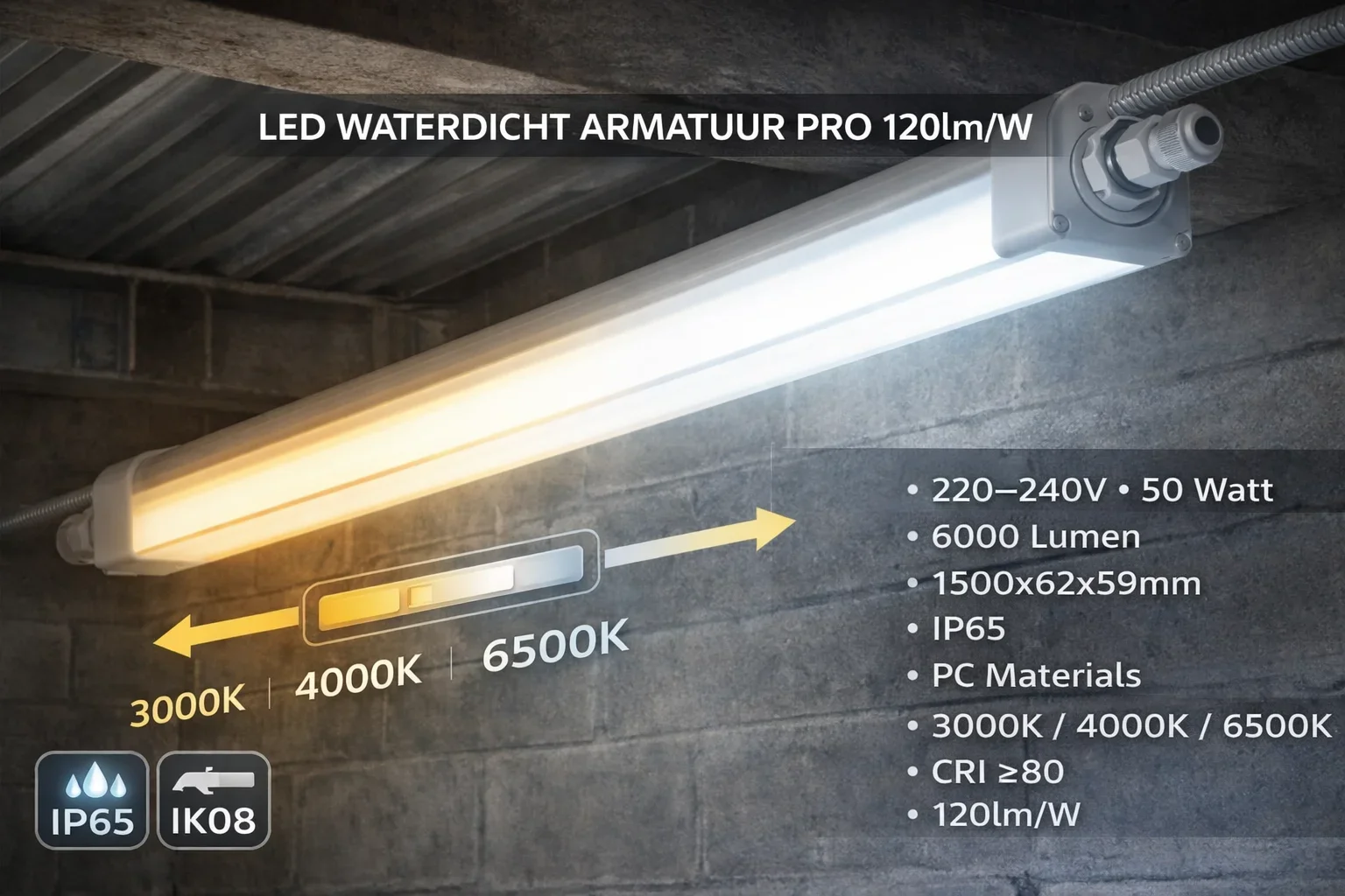 LED armatuur, waterdicht, 150cm, 50W, 6000lm, IP65, CCT