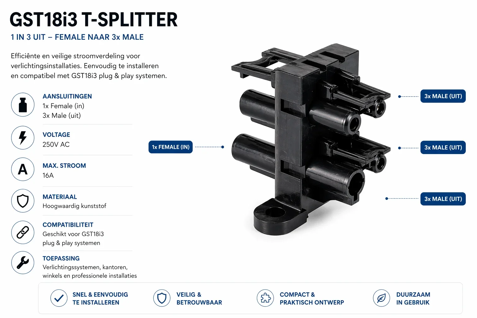 GST18i3 T-splitter, 1 in, 3 uit, Female naar 3x Male