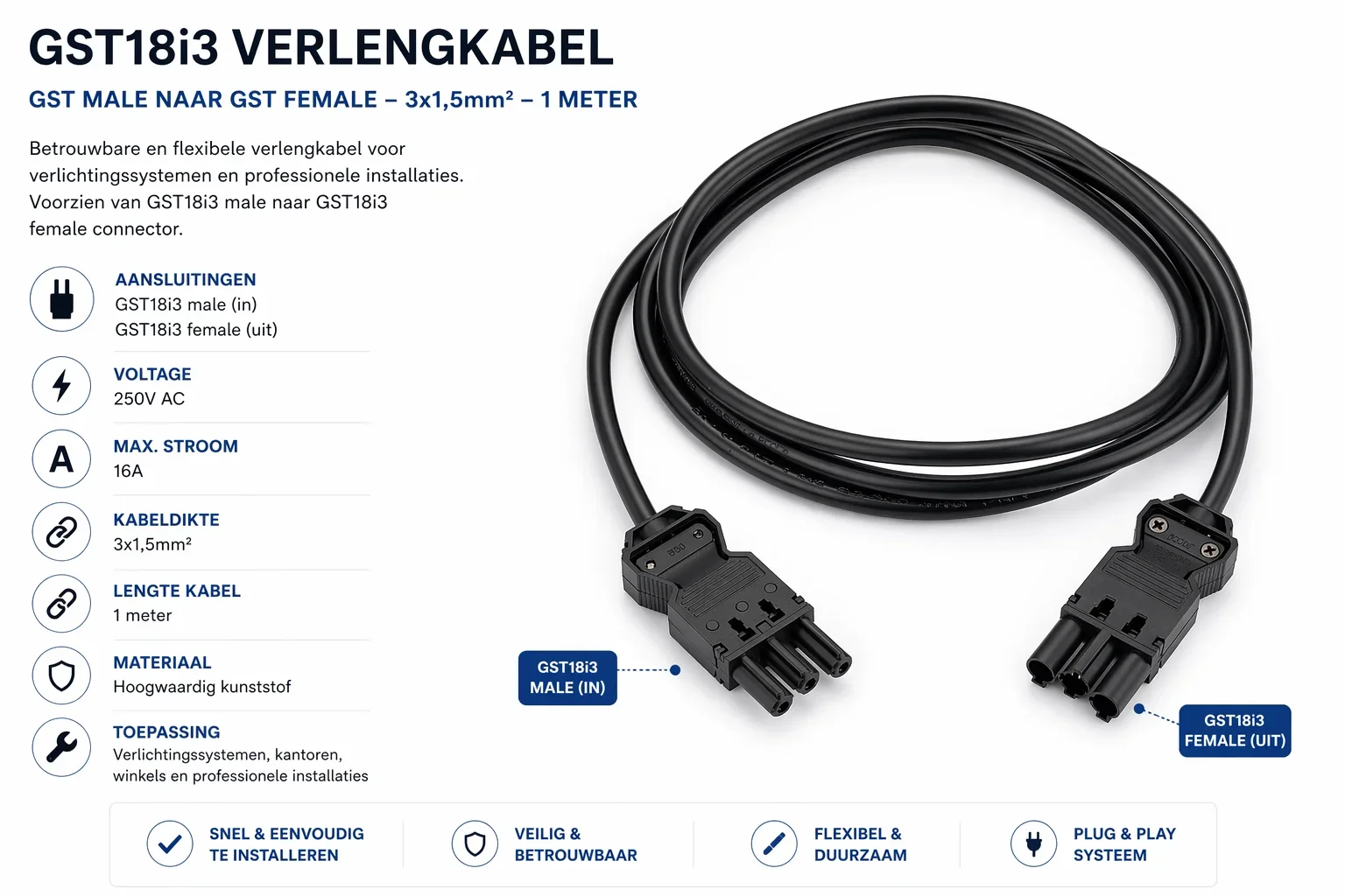 GST18i3 verlengkabel, 3x1,5mm², 1 Meter, GST Male naar GST Female