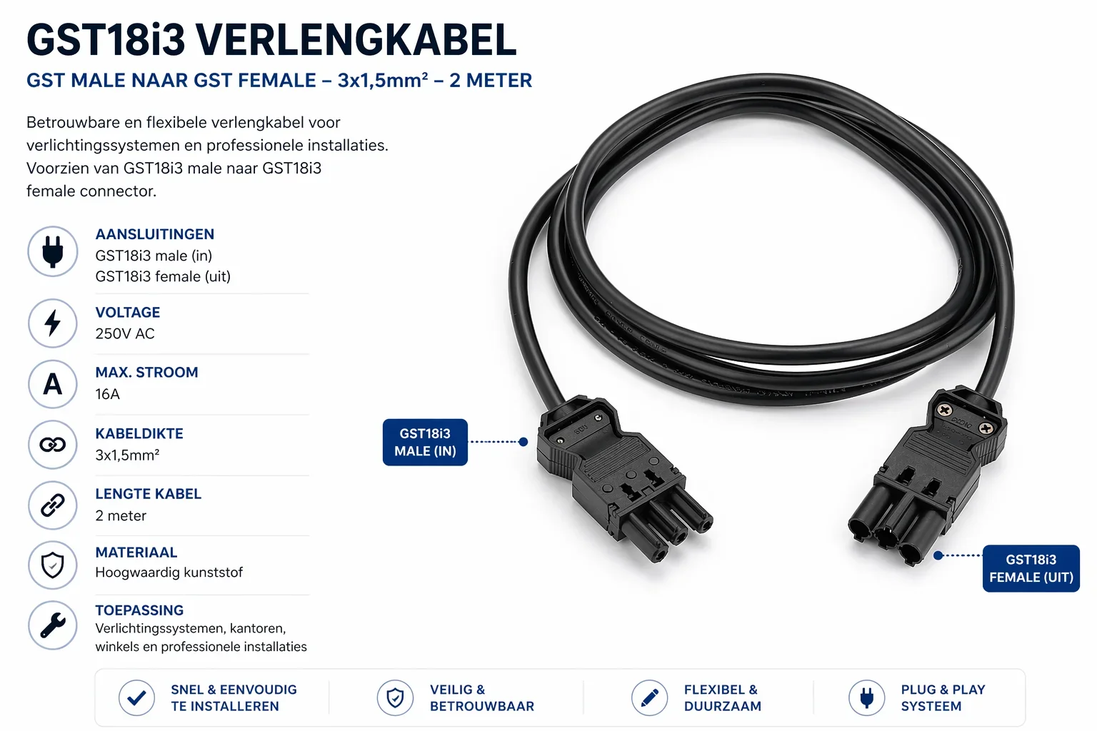 GST18i3 verlengkabel, 3x1,5mm², 2 Meter, GST Male naar GST Female