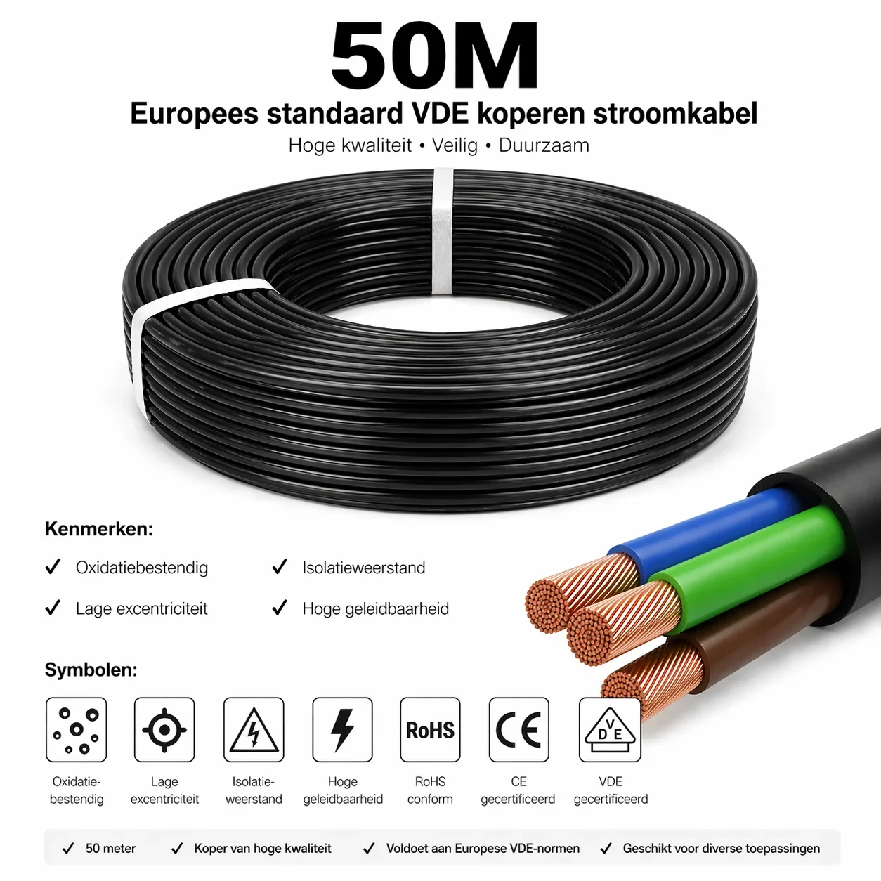 H05VV-F kabel, 3x1,5mm², 50 Meter