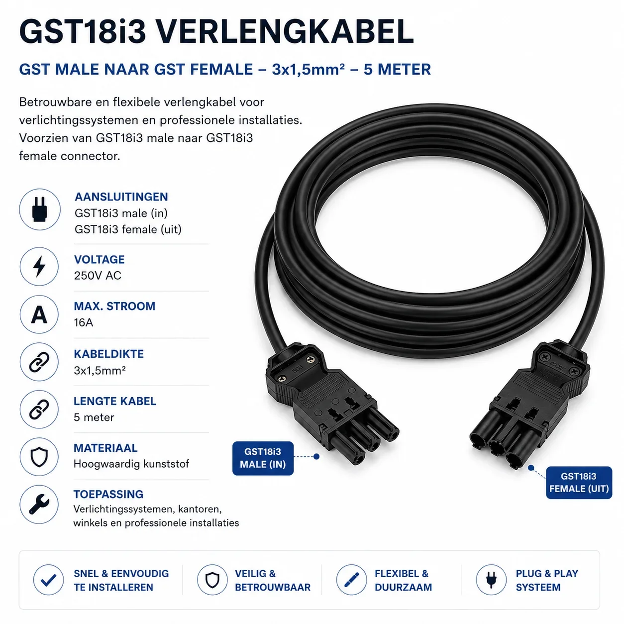 GST18i3 verlengkabel, 3x1,5mm², 5 Meter, GST Male naar GST Female