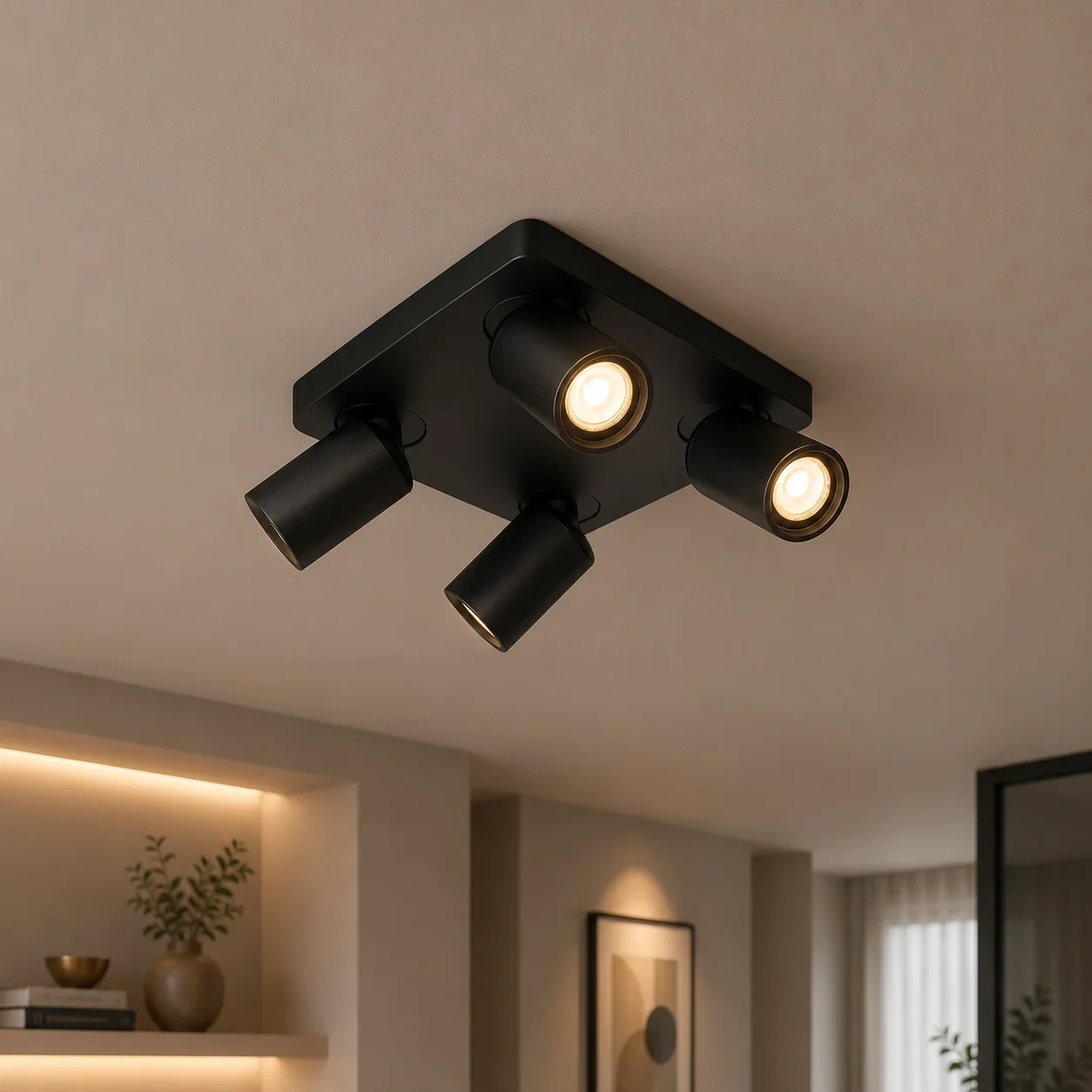 LED Plafondspot vierkant, Opbouw, 4-Lichts, Kantelbaar, Dimbaar, GU10, Zwart