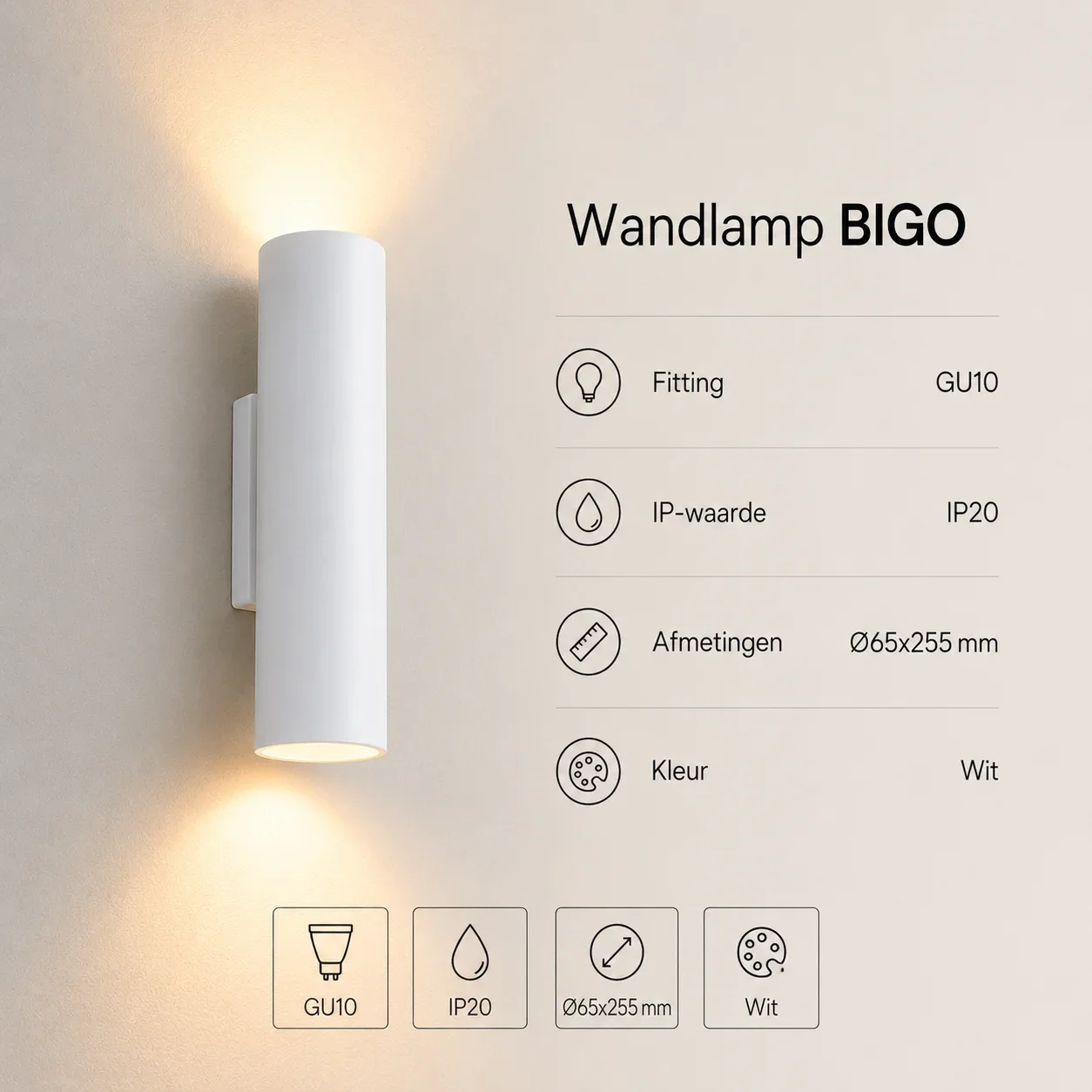 Wandlamp BIGO, GU10, IP20, Ø65x255 mm, Wit