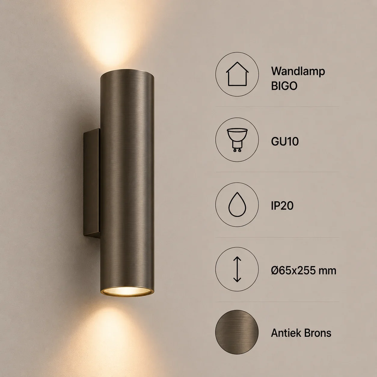 Wandlamp BIGO, GU10, IP20, Ø65x255 mm, Antiek Brons