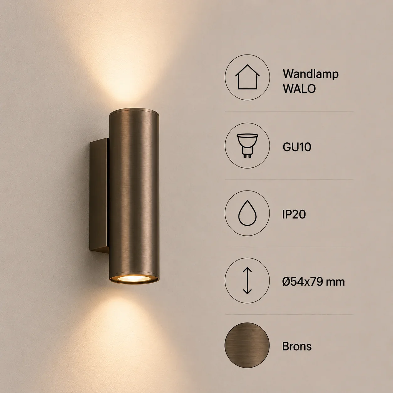 Wandlamp WALO, GU10, IP20, Ø54x79 mm, Brons