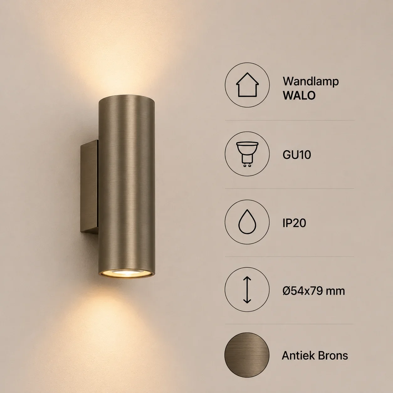 Wandlamp WALO, GU10, IP20, Ø54x79 mm, Antiek Brons