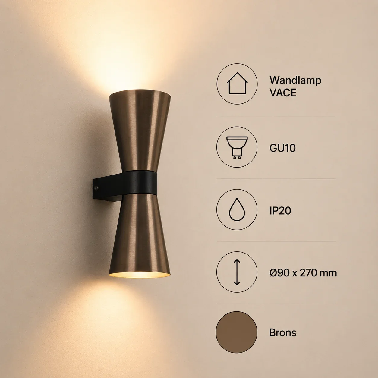Wandlamp VACE, GU10, IP20, Ø90 x 270 mm, Brons