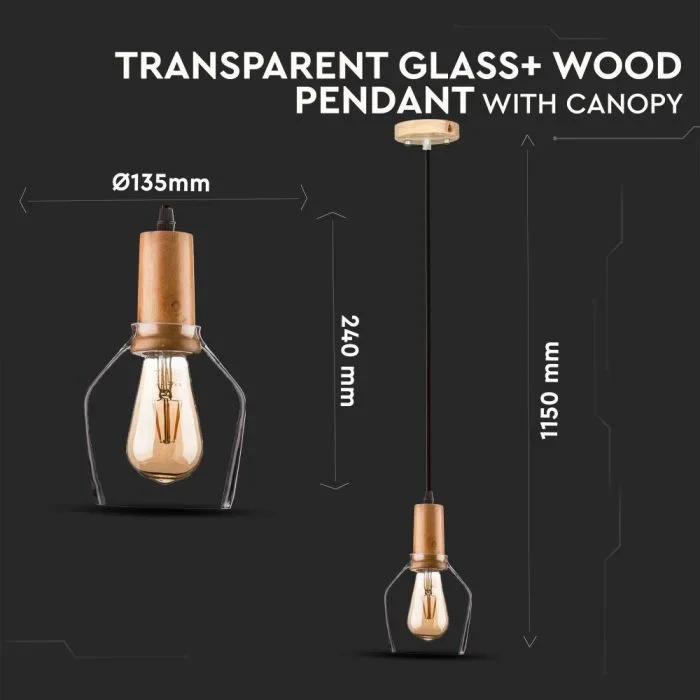 Hanglamp, Glas en Hout, E27, Transparant