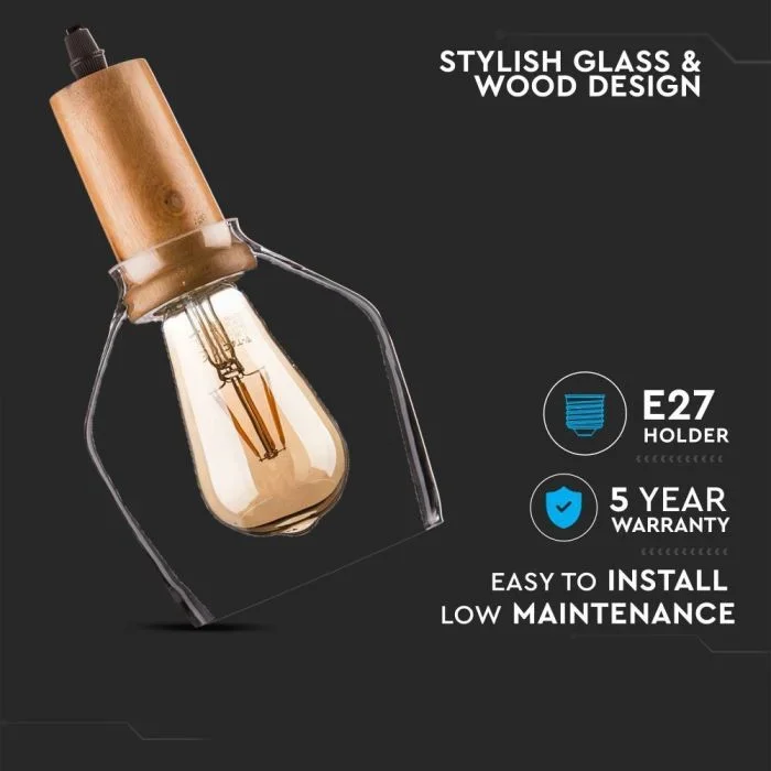 Hanglamp, Glas en Hout, E27, Transparant