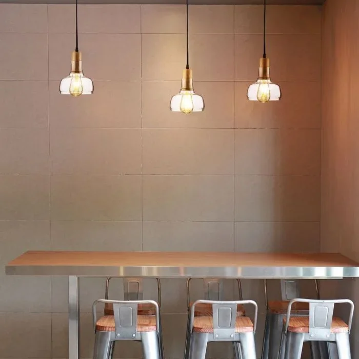 Hanglamp, Glas en Hout, E27, Transparant