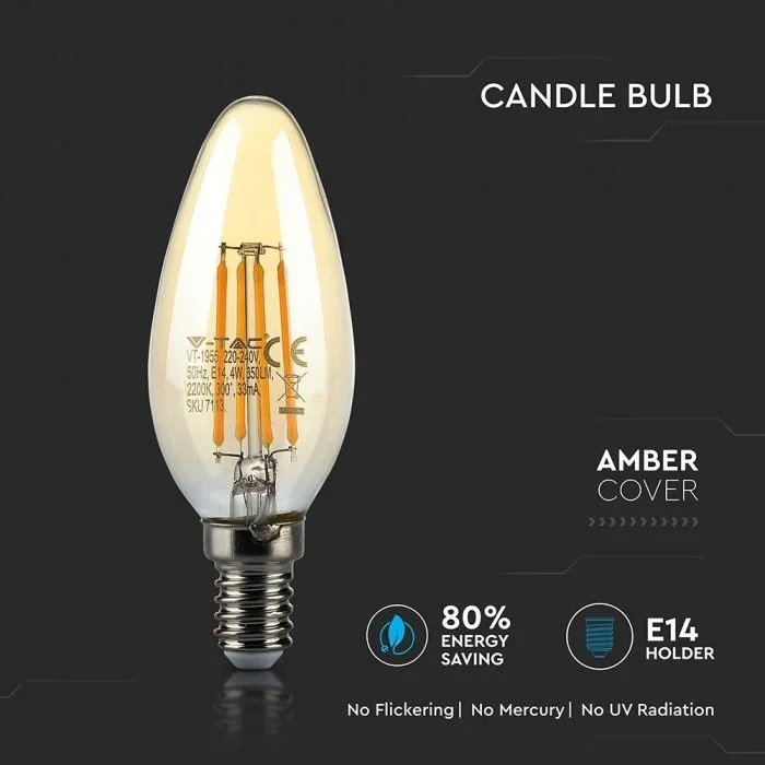 LED Kaars Filament Lamp Amberglas, 4W, 2200K Extra Warm Wit, E14, 350 lumen