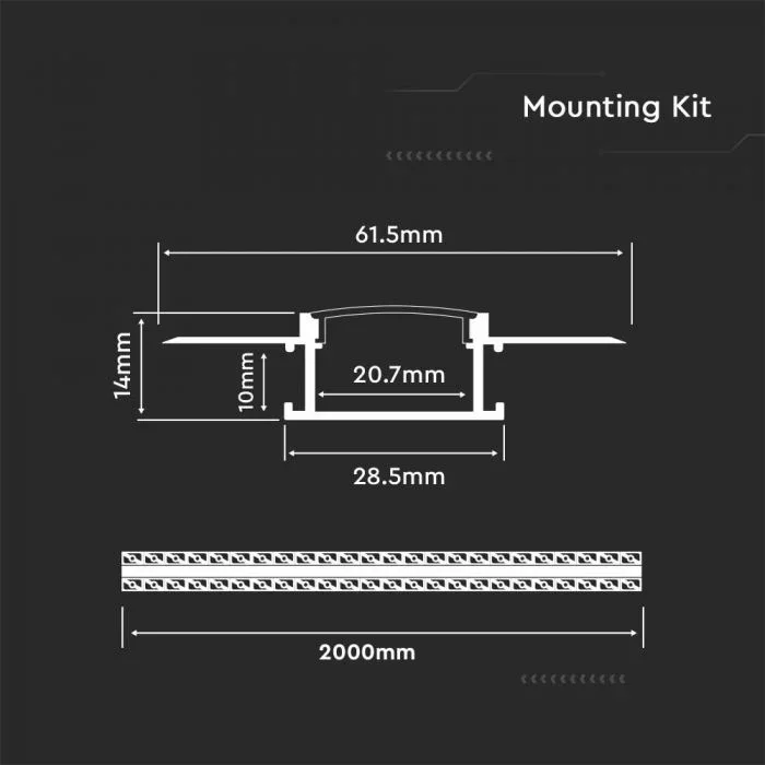 U Profiel Montagekit voor LED Strip, 2000x61.5x14 mm, Zilver