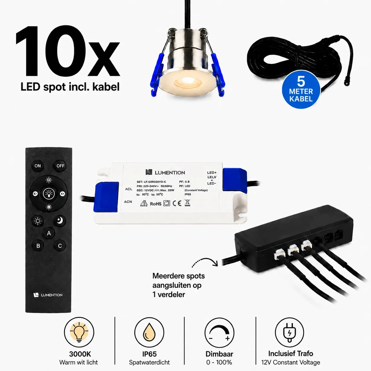 LED Verandaspot Set, 10x3W, 3000K, IP65, Dimbaar, Inclusief Trafo