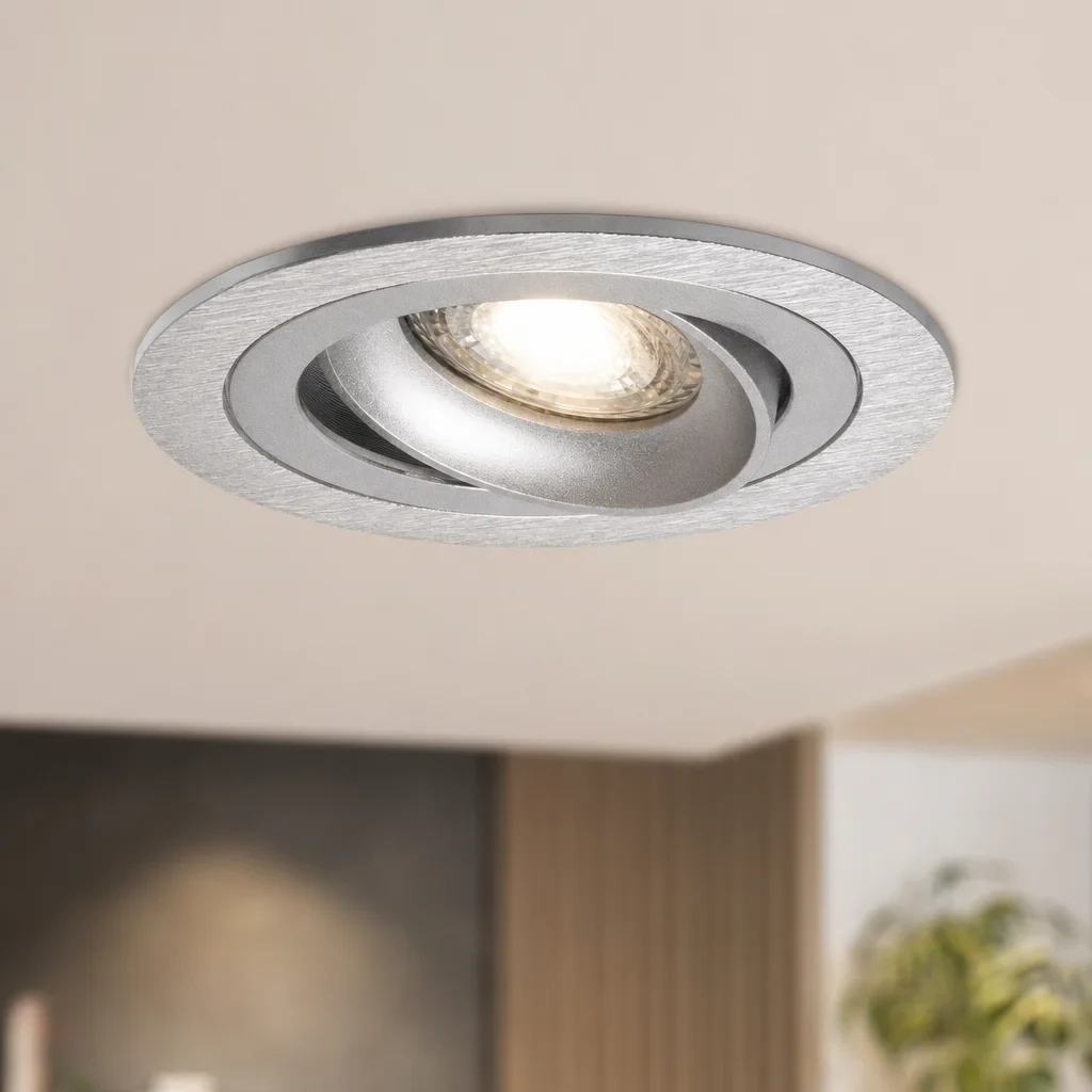 LED GU10 Inbouwspot Armatuur, Rond, Kantelbaar, IP20, Geborsteld Aluminium + Zilver