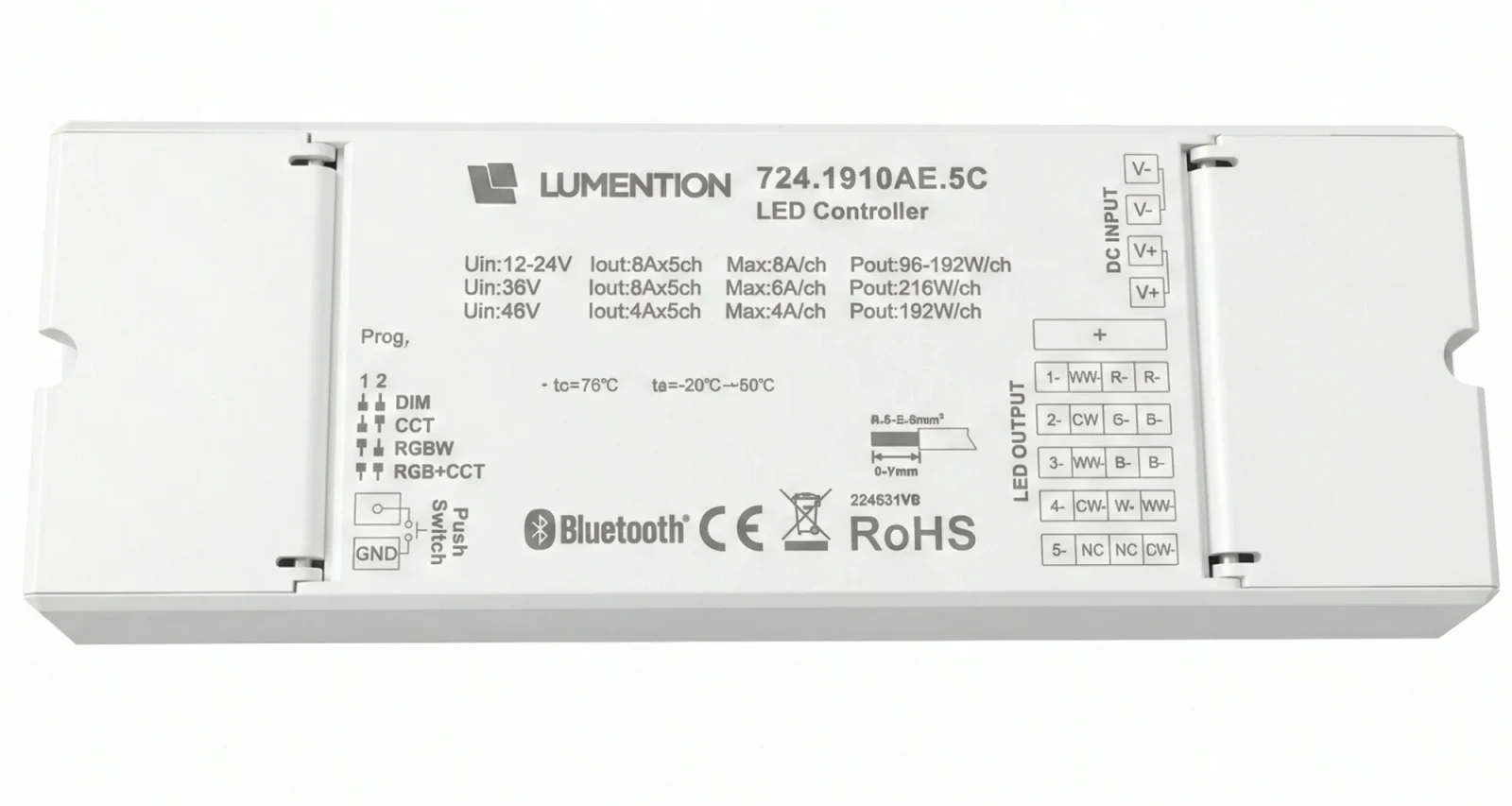 5-in-1 RF Bluetooth LED Controller, 12-48V, 5x8A, 960W