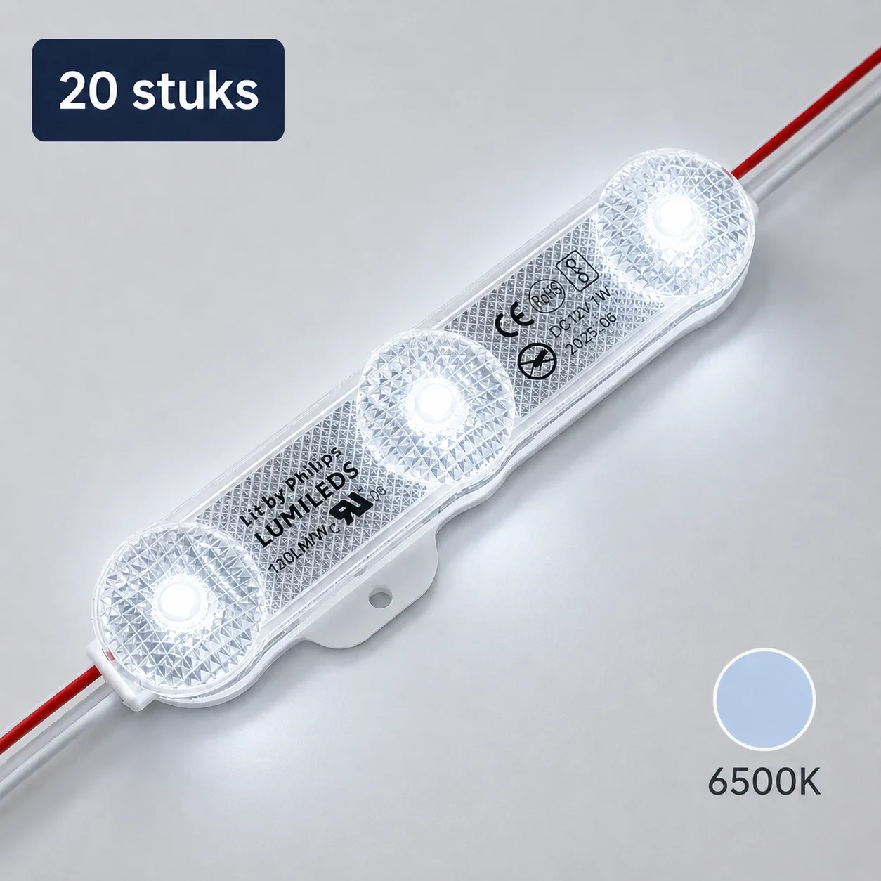 LED module, 6500K, 12V, 1W, 180Lm, 180°, IP68, Set van 20 stuks