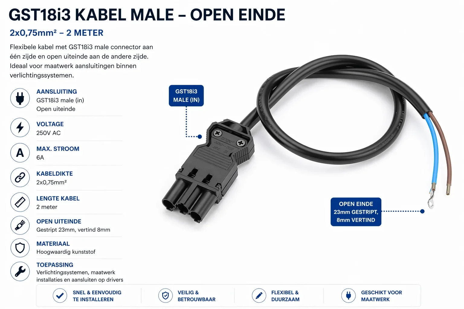 GST18i3 kabel, 2x0,75mm², 2 Meter, Male naar Open Einde