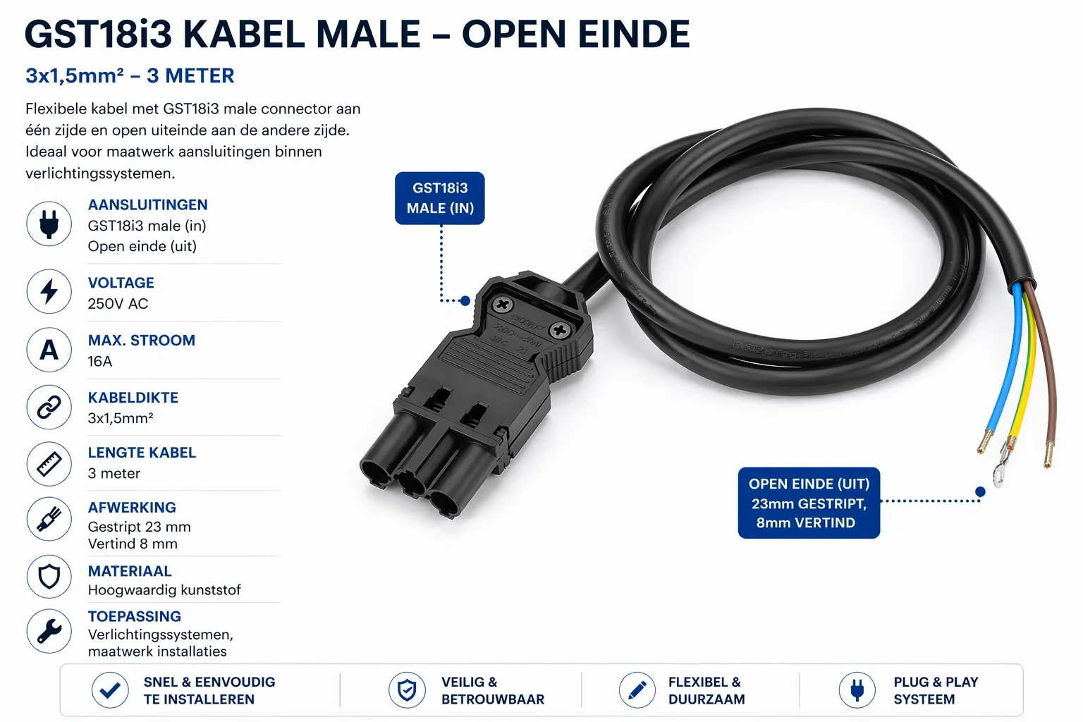 GST18i3 kabel, 2x0,75mm², 3 Meter, Male naar Open Einde