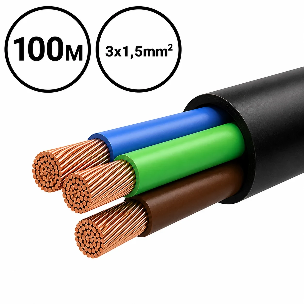 H05VV-F kabel, 3x1,5mm², 100 Meter