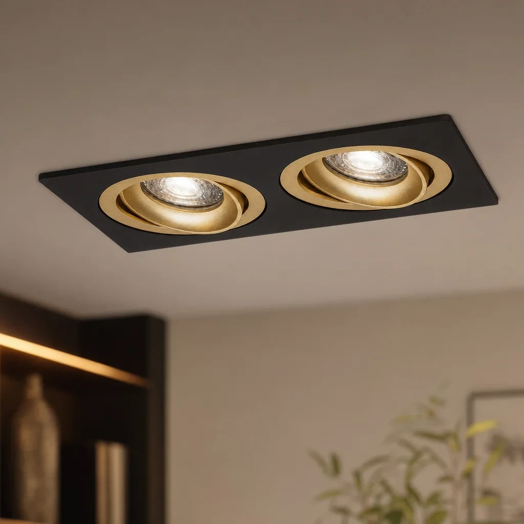 LED GU10 Inbouwspot Armatuur, Dubbel Vierkant, Kantelbaar, IP20, Mat Zwart + Gold