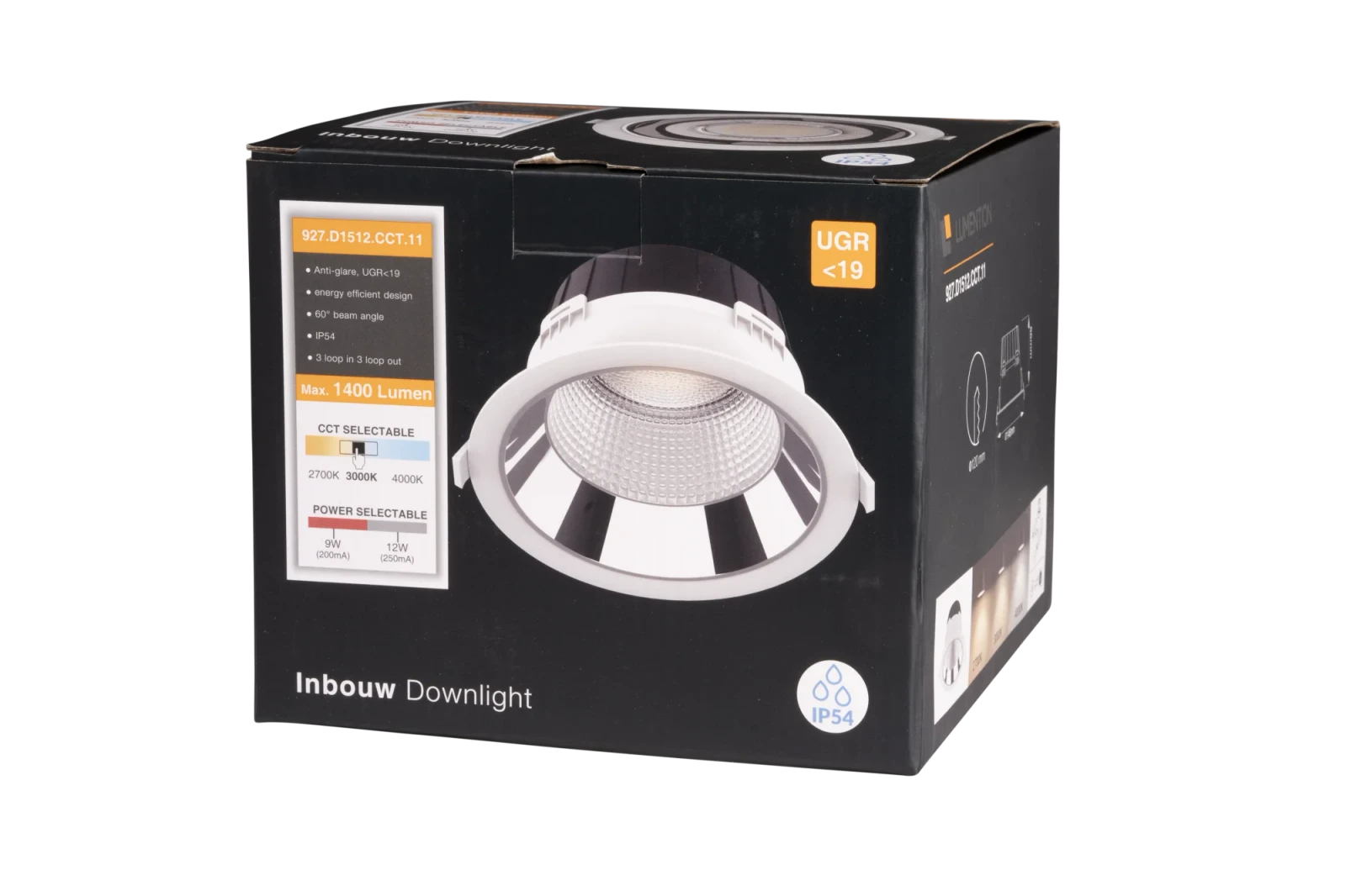 LED Inbouw Downlight, 9–12W, 2700K/3000K/4000K, Dimbaar, Rond, IP54, Zwart, Aluminium Reflector