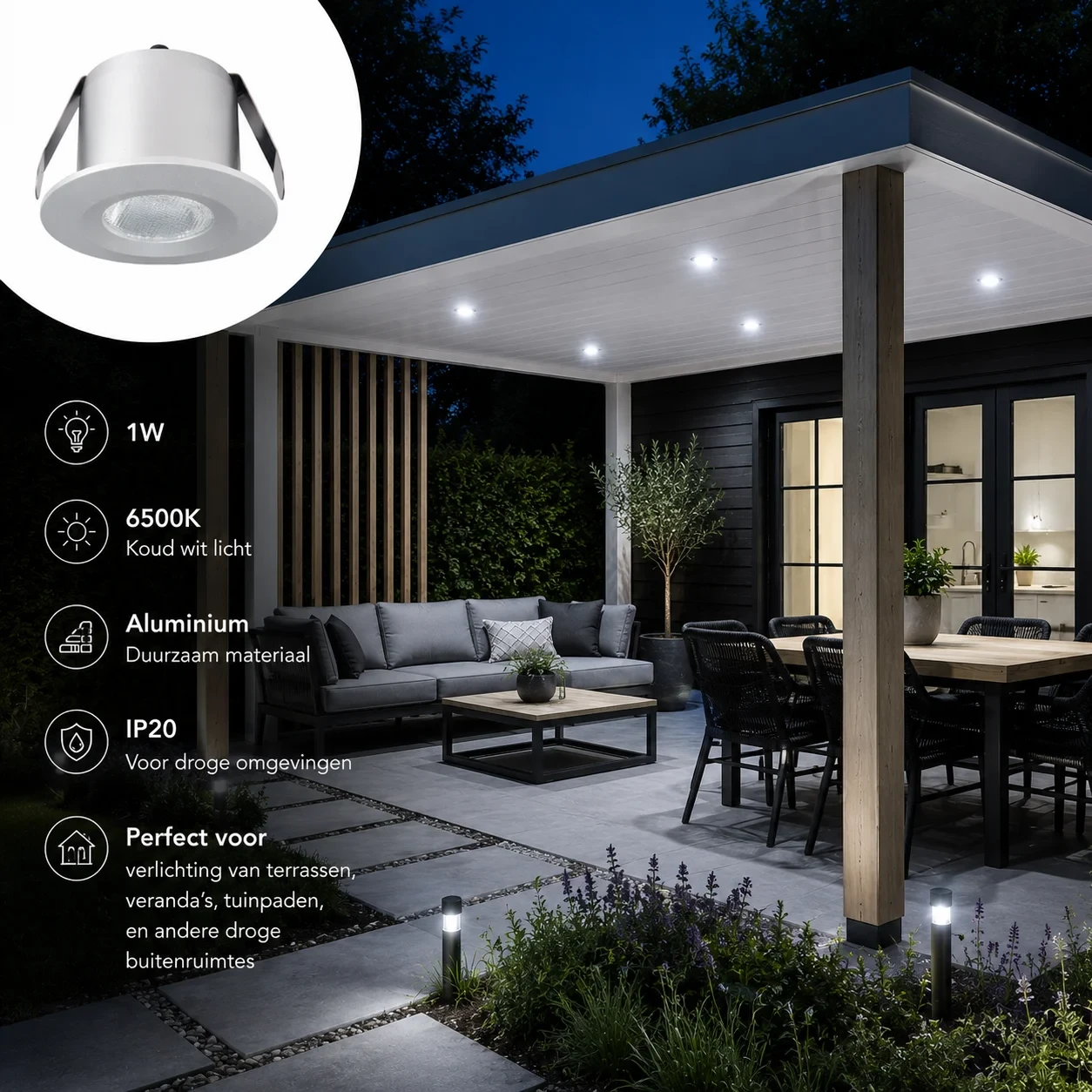 LED Verandaspot, 1W, 6500K, Aluminium