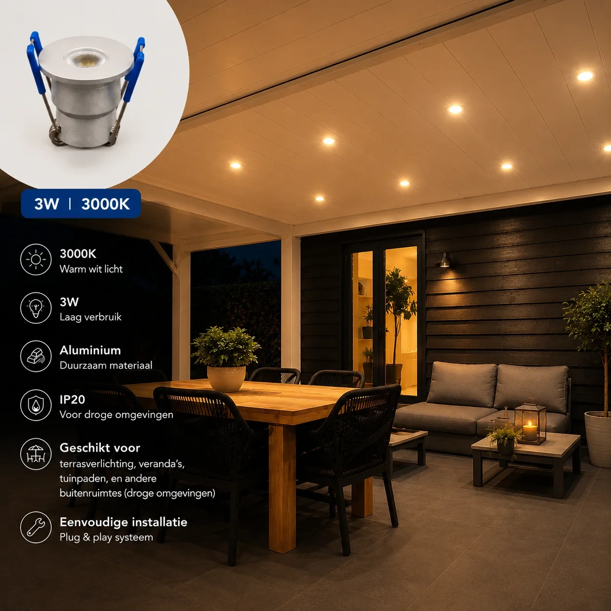 LED Verandaspot, 3W, 3000K, Aluminium