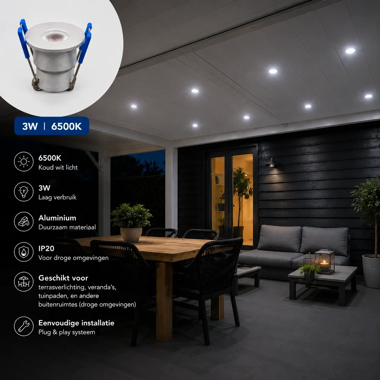 LED Verandaspot, 3W, 6500K, Aluminium