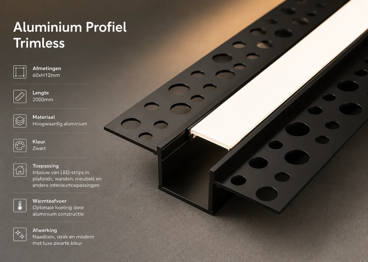 Aluminium Trimless Profiel, 2m, Zwart