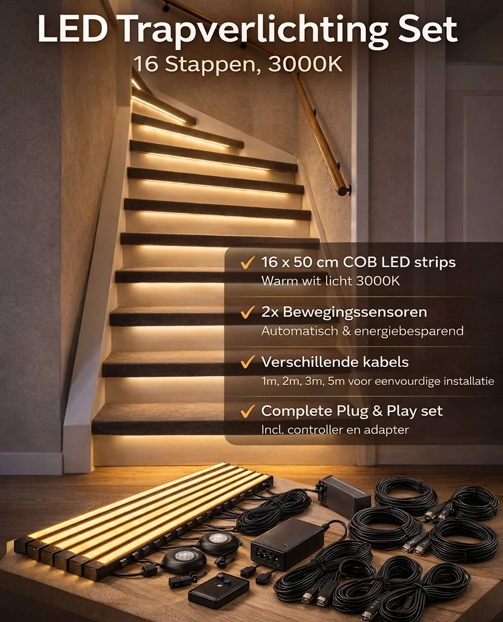 LED Trapverlichting met sensor, 16 Stappen, 3000K - trapset