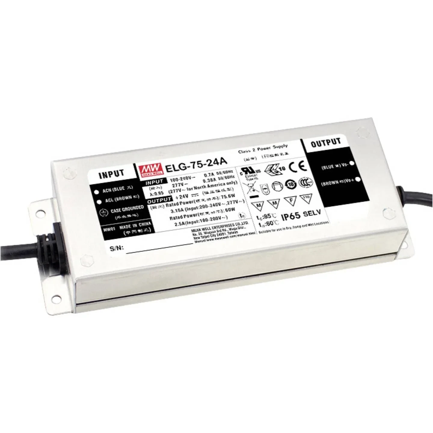 MEAN WELL Inbouwnetvoeding, 24Vdc, 3.15A, 75W, 3-in-1 Dimming