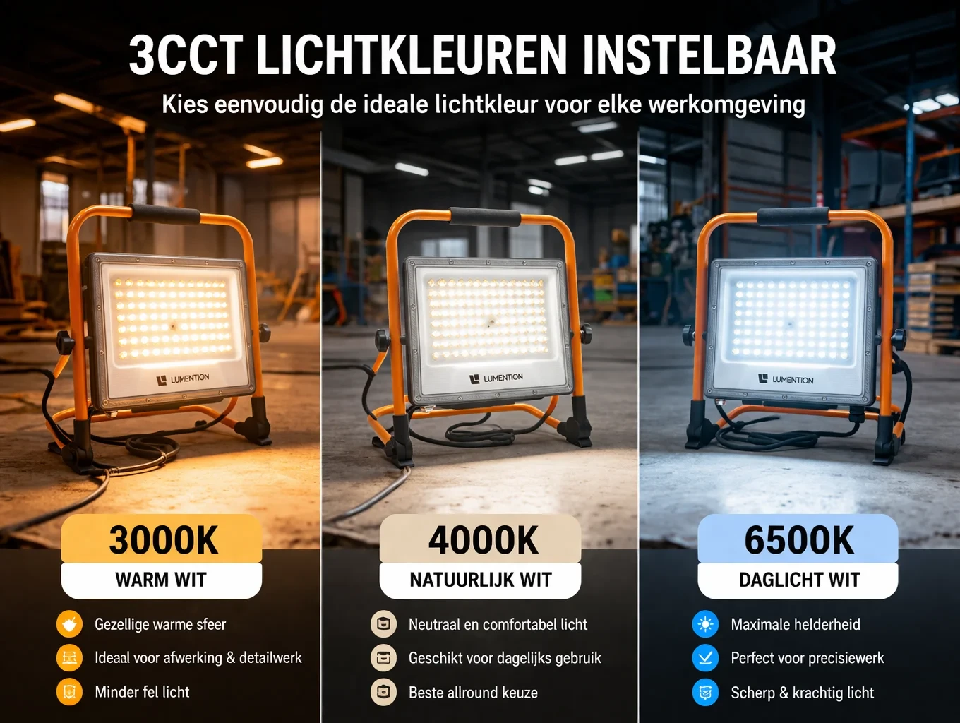 LED Bouwlamp met Accu, 100W, 3CCT (3000K/4000K/6500K), Dimbaar, LiFePO4, Type-C