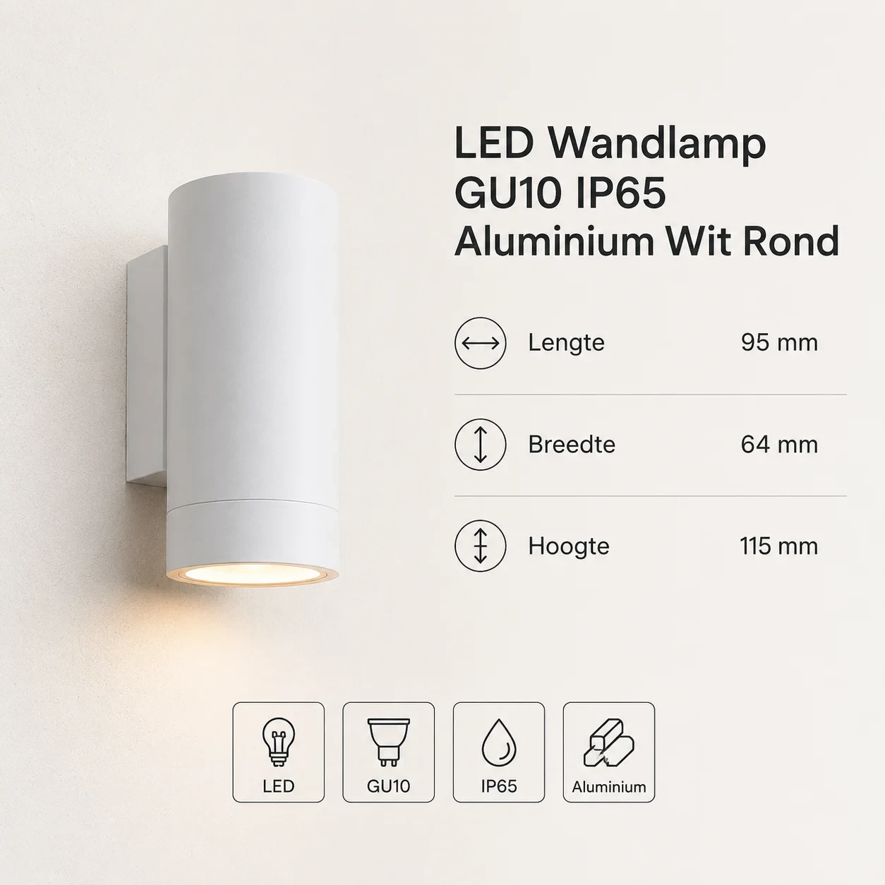 LED Wandlamp, GU10, IP65, Aluminium, Wit, Rond